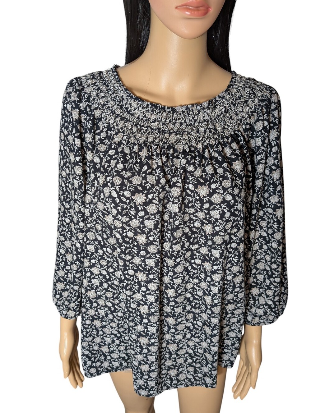 J Jill Flowered Blouse Black and Beige Size XL